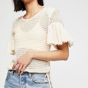FREE PEOPLE Babes Only Knit Top in Ivory Sz XS Open Weave Flounce Sleeve Coastal